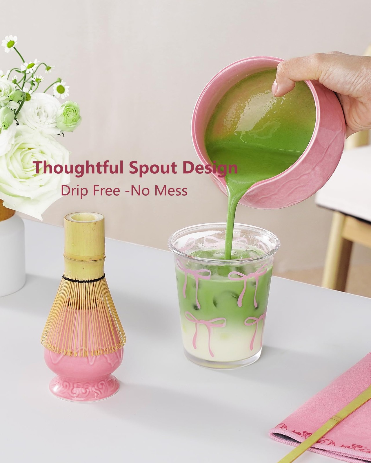 Matcha Whisk Set, 6pcs Matcha Set Pink Includes 15oz Ceramic Bowl and Whisk (…