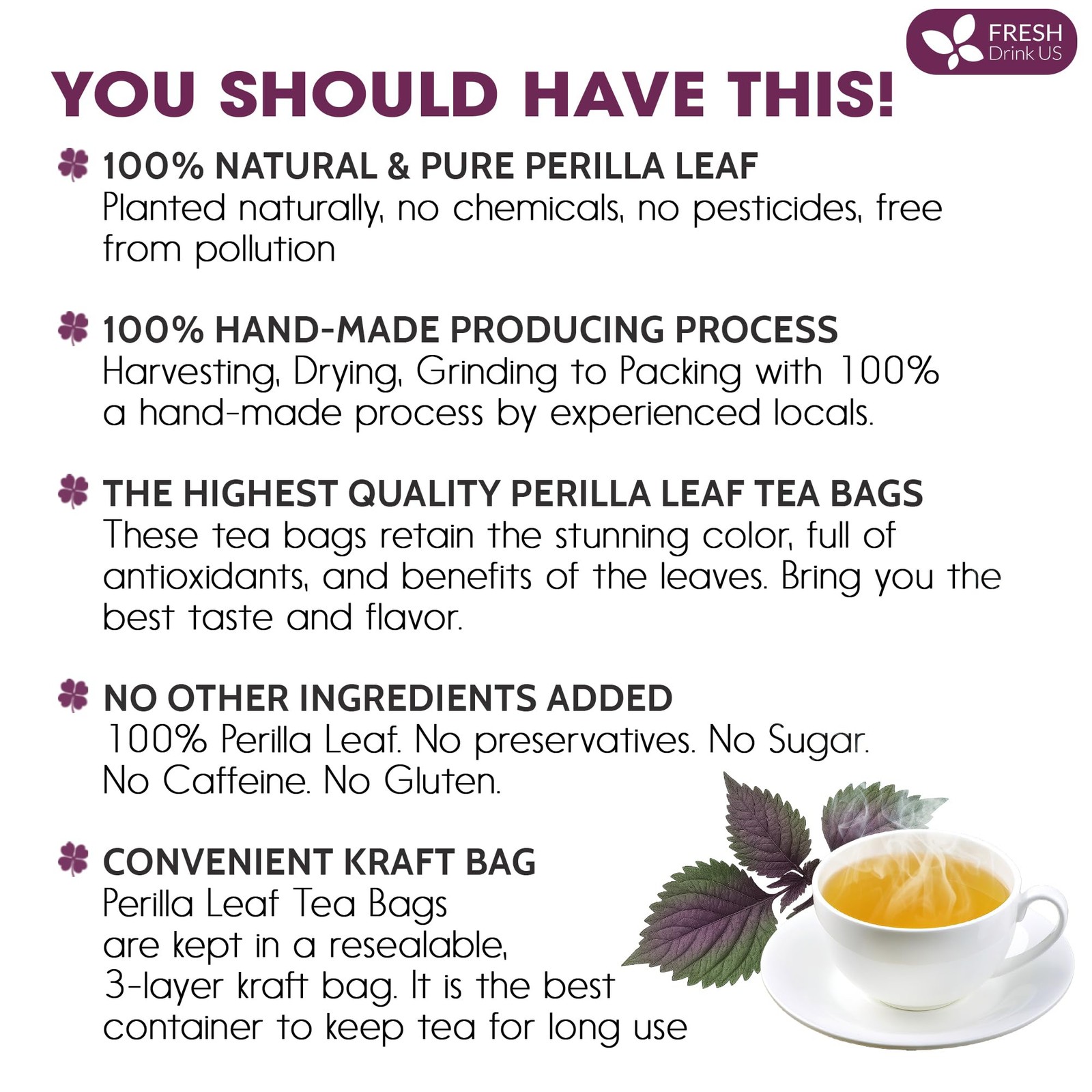 Pure Perilla Leaf Tea Bags – 40 Count | Caffeine-Free, Non-GMO Herbal Tea