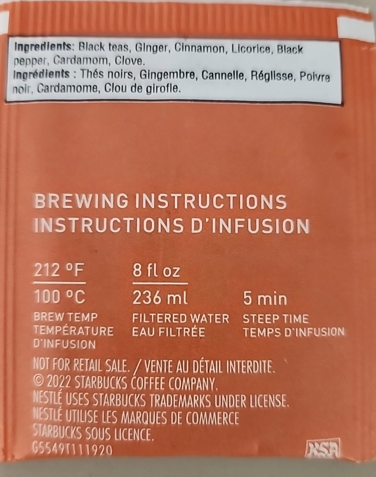 Starbucks Teavana Tea Sachets Classic Chai, Pack Of 144 Sachets BB Date:7/30/25