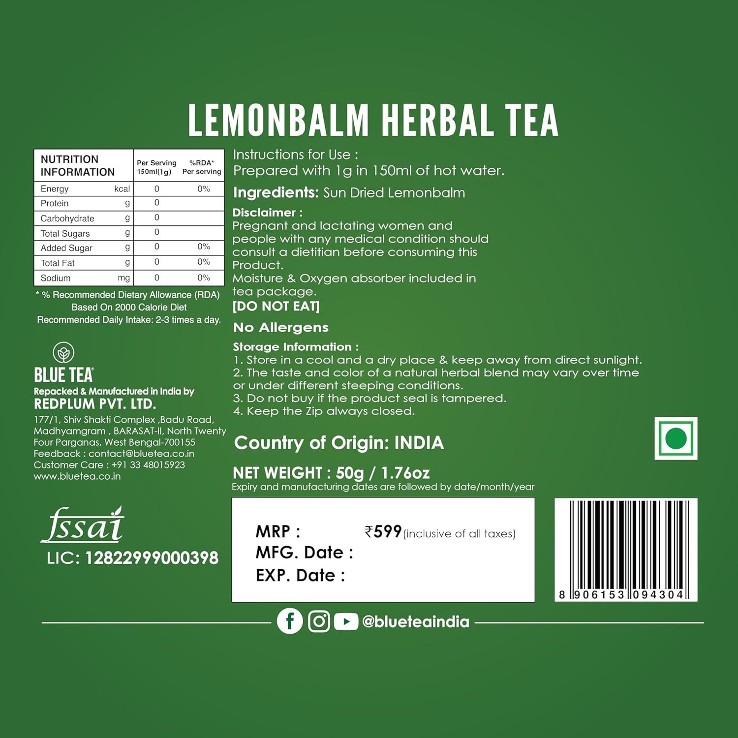 BLUE TEA Lemon Balm Tea 50g Natural Leaf Based Tea Free Shipping World Wide