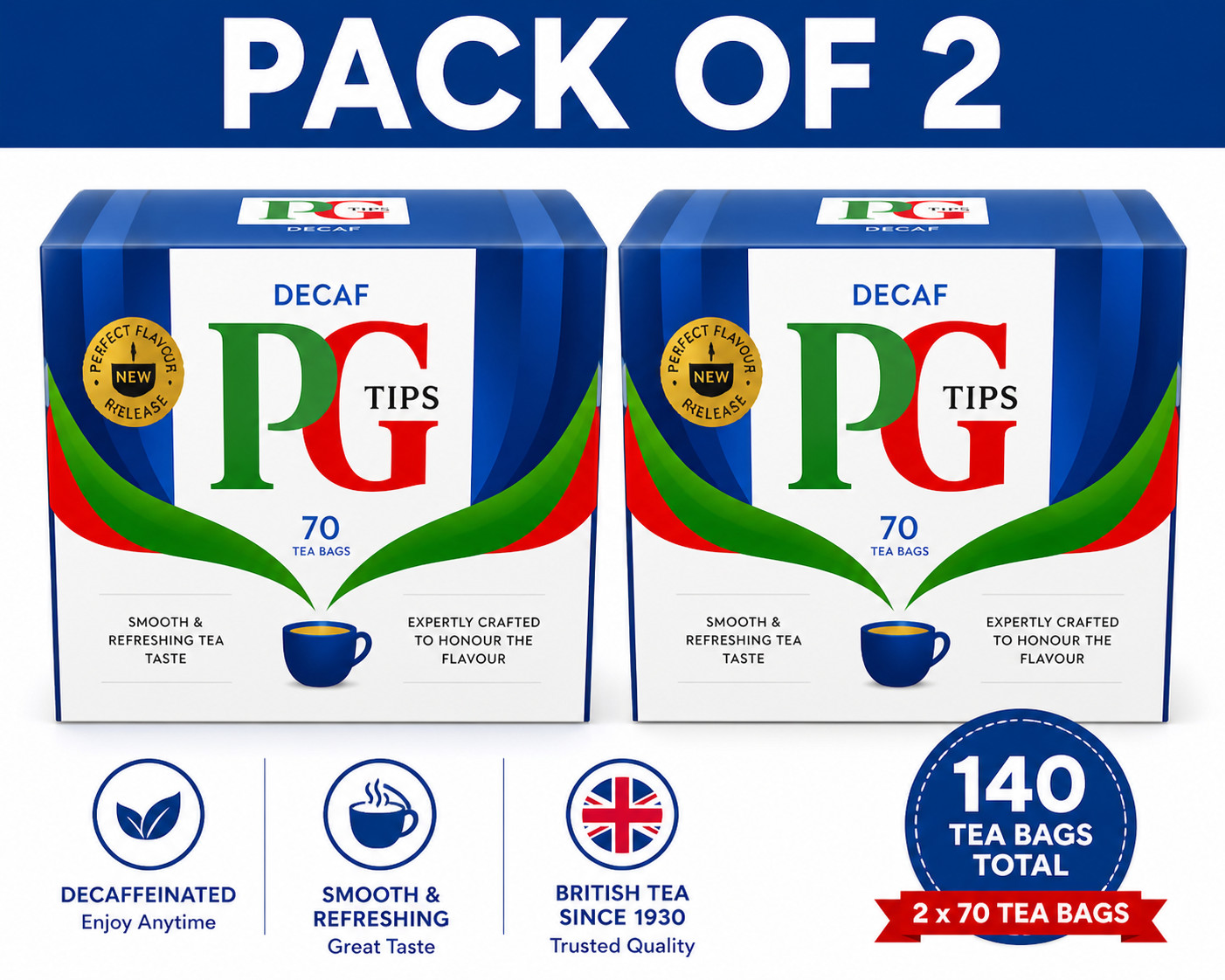 PG Tips Decaf Black Tea Bags 140 Count (2 x 70) 406g Smooth British Tea