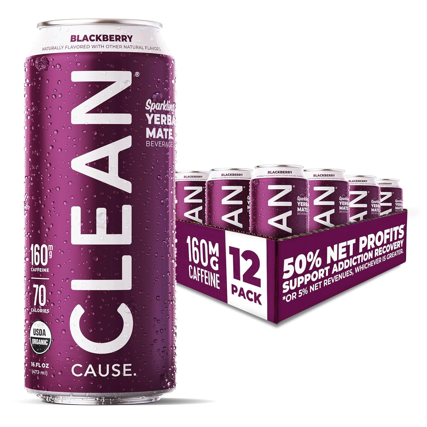 CLEAN Cause Low Calorie Blackberry USDA Organic Sparkling Yerba Mate Tea (16Oz C