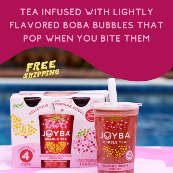 Joyba Strawberry Lemonade Green Tea Bubble Tea, 12 fl oz Cup (Pack of 4)