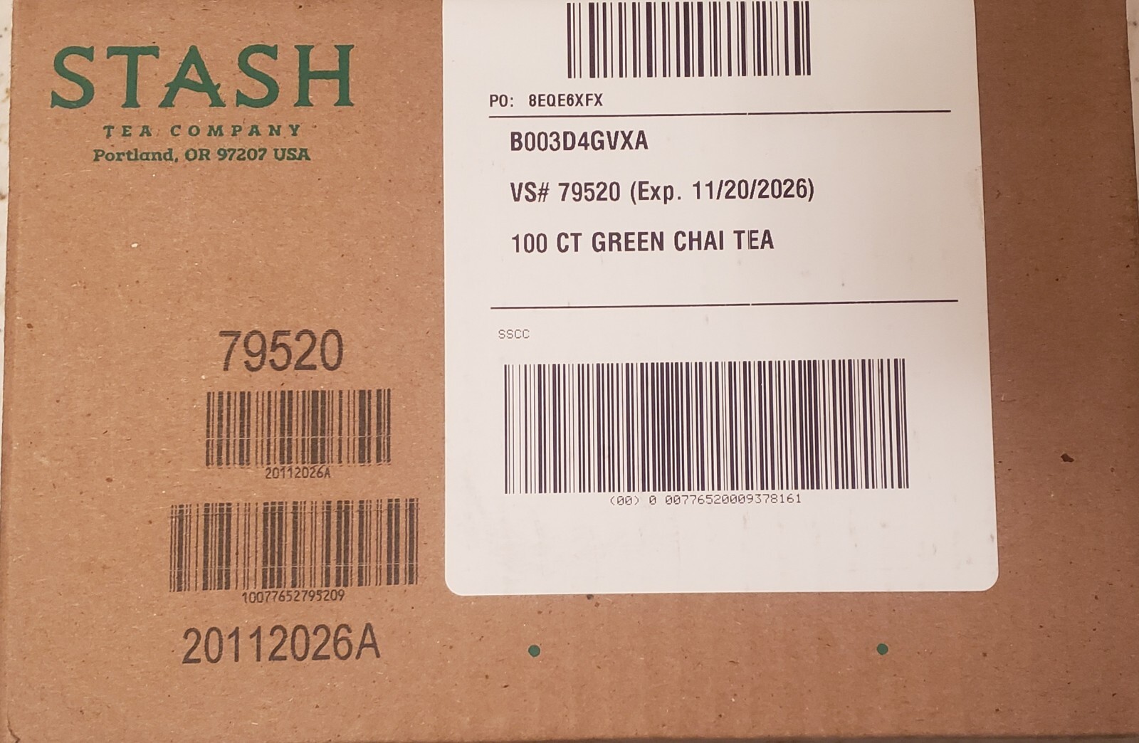 Stash Green Chai Tea 100 Count New Sealed Box Exp 11/20/2026 Free Shipping