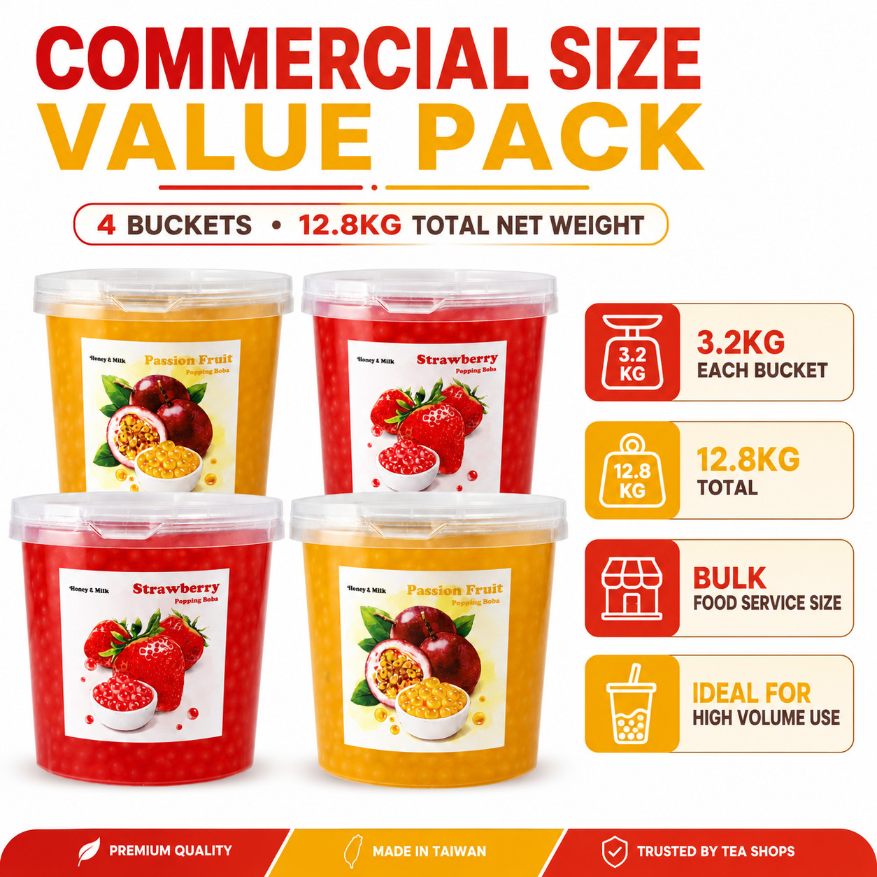 Honey&Milk Popping Boba 4 Pack 3.2KG Passion Fruit Strawberry Bubble Tea Taiwan