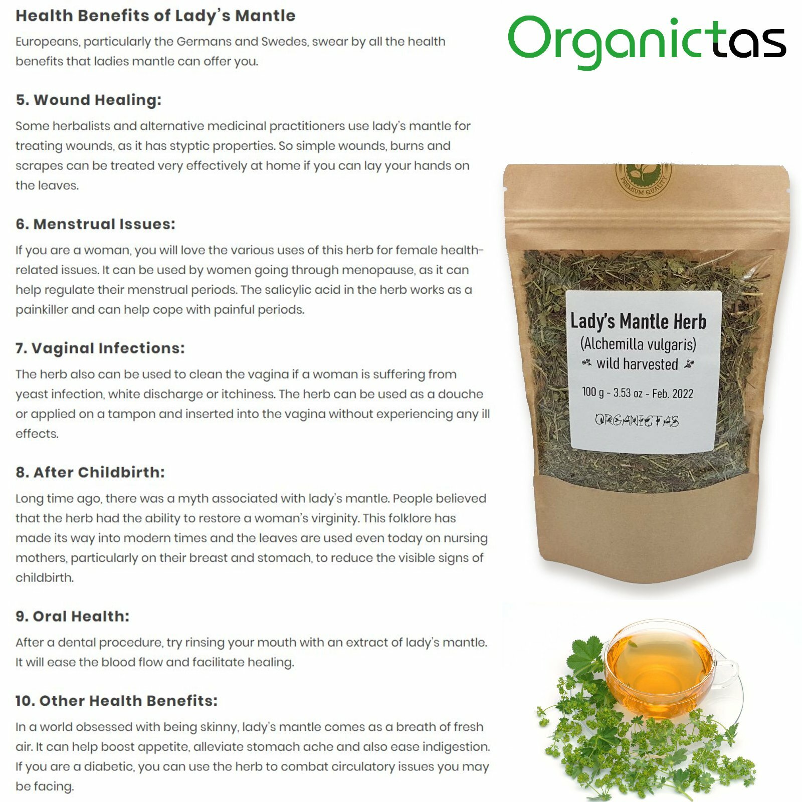 Organic LADY’S MANTLE Herb Tea Dried Alchemilla Vulgaris Wild Harvest 25 – 200g