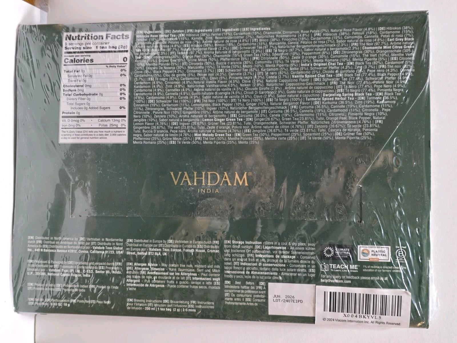 2 pk VAHDAM India Emily In Paris Tea Assortment 9 Pyramid Tea Bags Exp. 06/2026