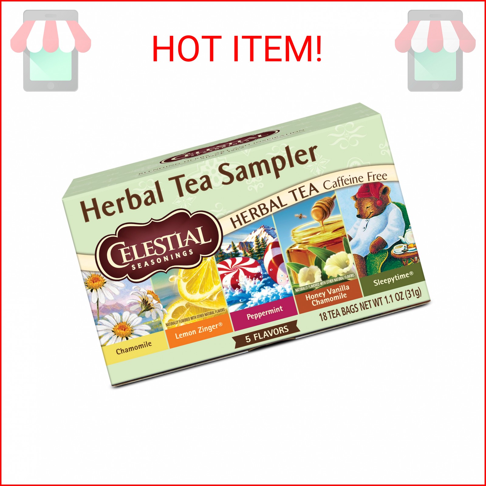 Celestial Seasonings Herbal Tea Sampler Variety Pack, Caffeine Free, 18 Tea Bags
