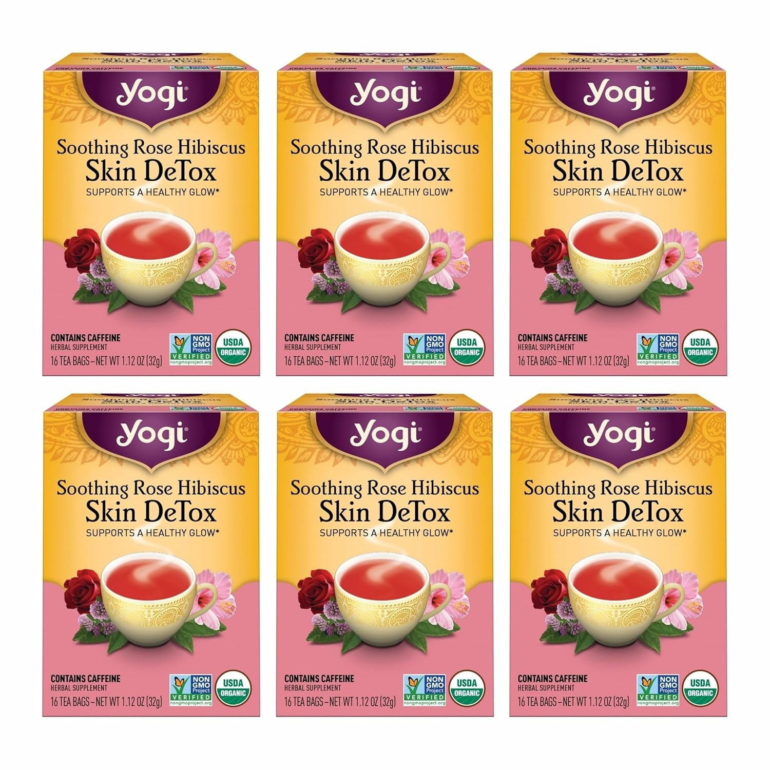 Tea Soothing Rose Hibiscus Skin Detox Tea – 16 Tea Bags per Pack (6 Packs) – Org