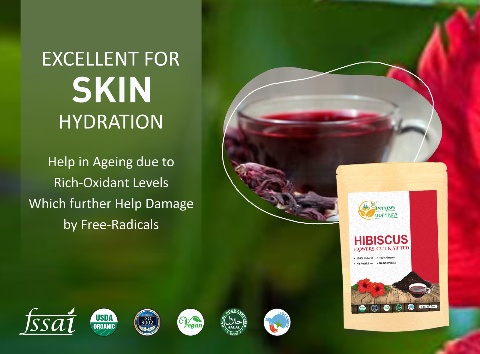 Organic Hibiscus Flowers Loose Cut And Sifted For Herbal Tea Keto Friendly 8 oz