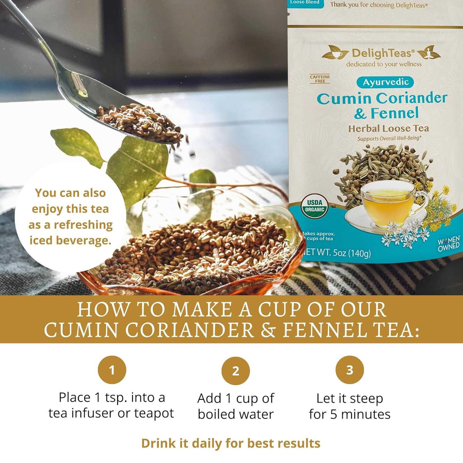 Delighteas Organic Digest & Detox CCF Tea | Ayurvedic Cumin, Coriander, Fennel L
