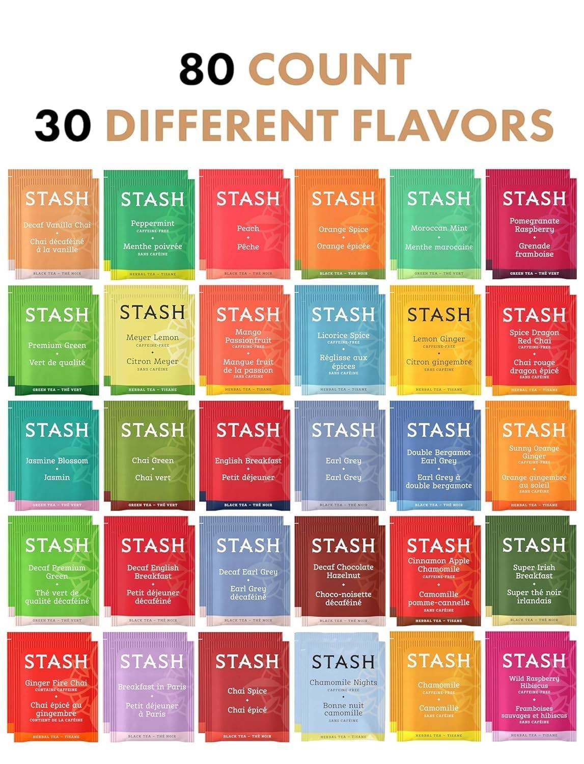 80 Tea Bags Sampler Variety Pack – 30 Unique Flavors in Bamboo Organizer for Tea