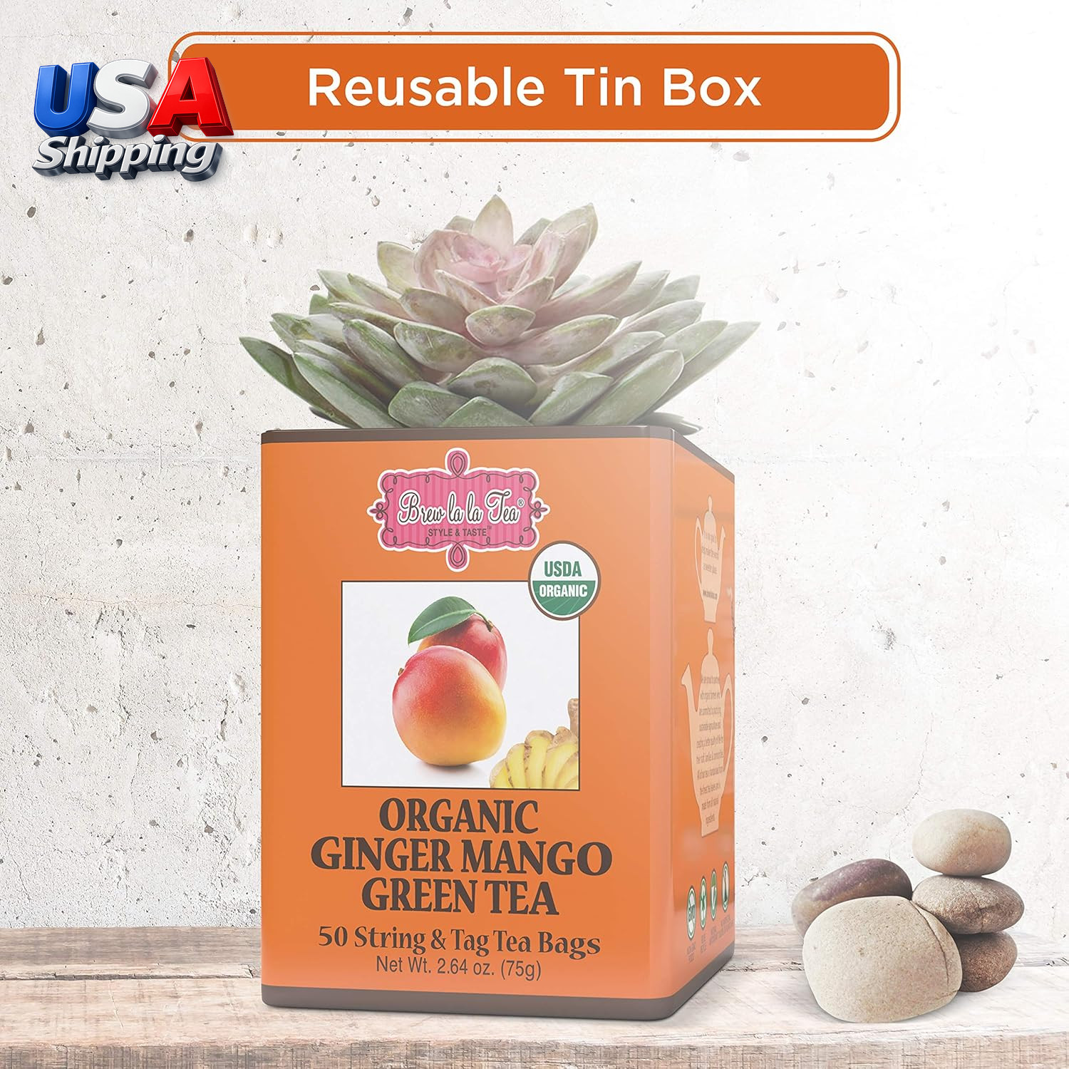 Green Tea Ginger Mango Flavor 50 Tea Bag Tin Organic Low Caffeine