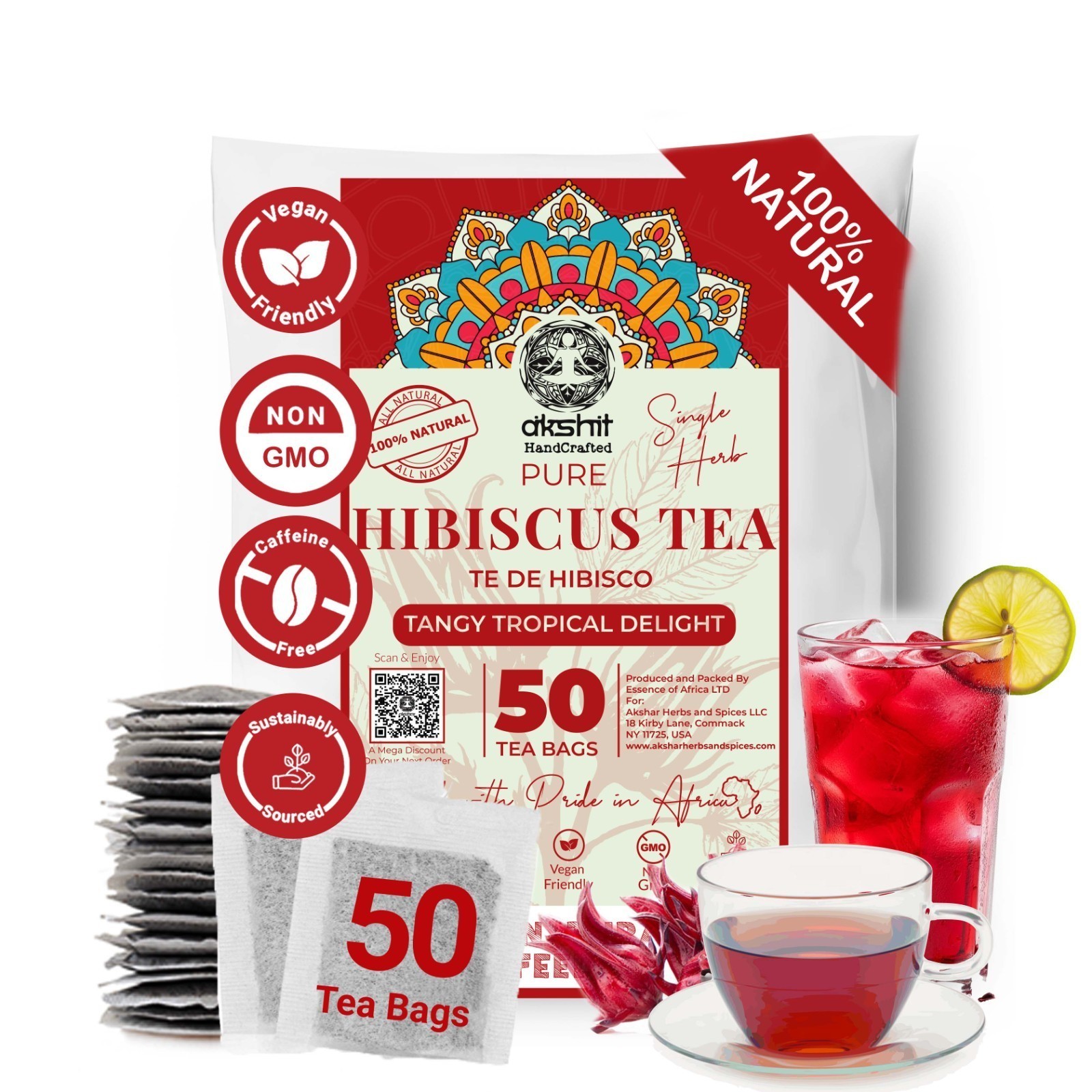 Hibiscus Moringa Tea Blend, 80 Bags, Energy Boost Tea, Herbal Tea, Caffeine Free
