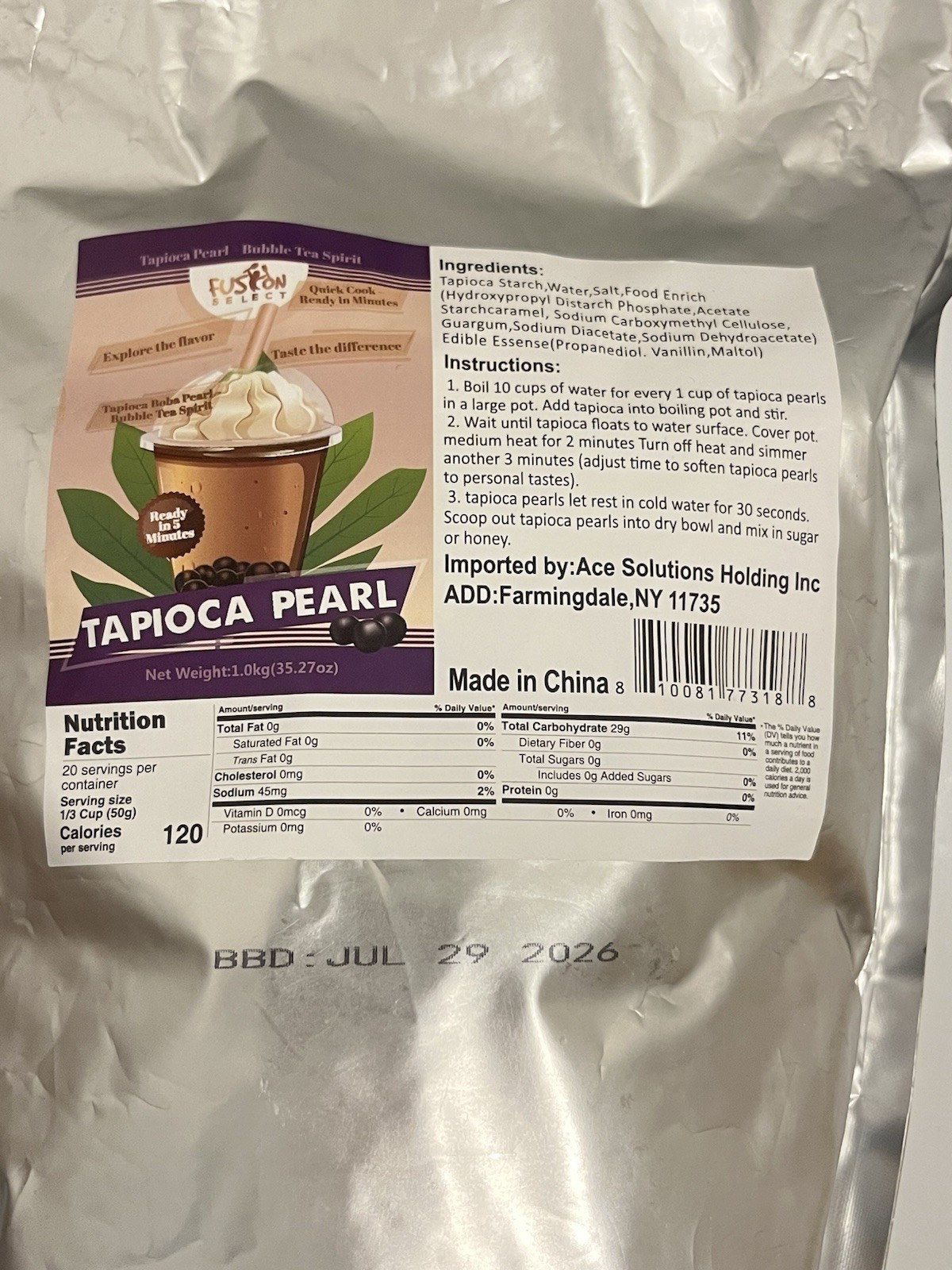 Fusion Select Tapioca Pearls Bubble Tea Boba Quick Cook 1kg 35.27oz Sealed