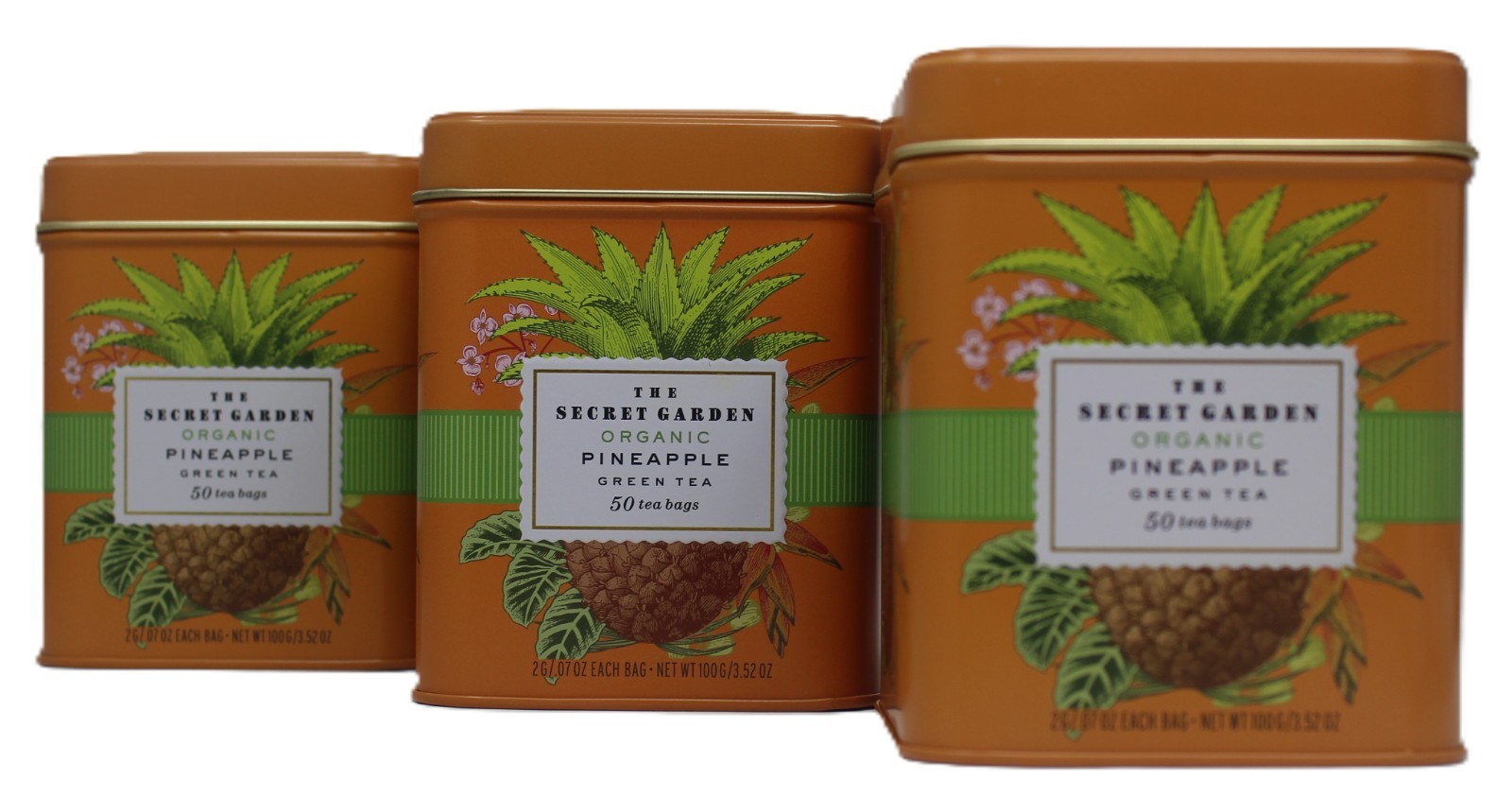 x3 Organic Pineapple Green Tea Secret Garden 50 ea Tea Bags Reusable Tin New