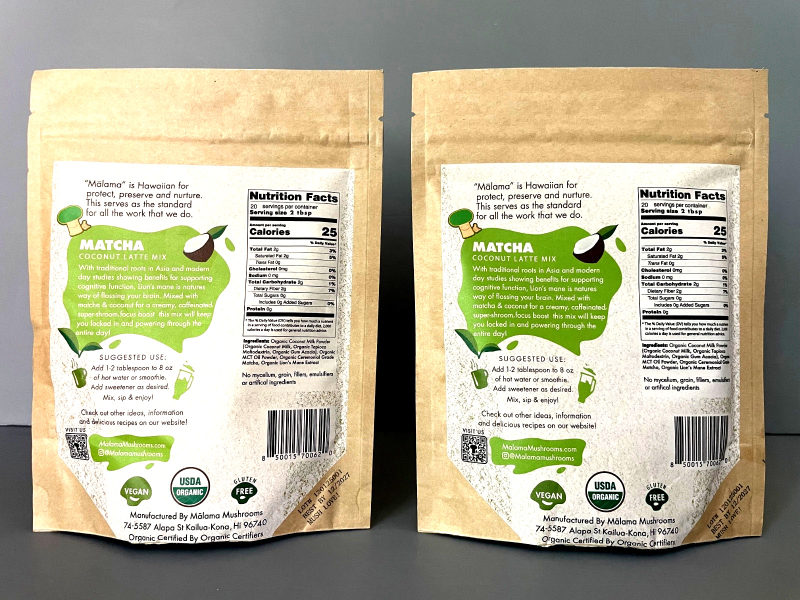 X2) MALAMA MUSHROOMS MATCHA Coconut Latte Mix ORGANIC Ceremonial Grade (4.23 OZ