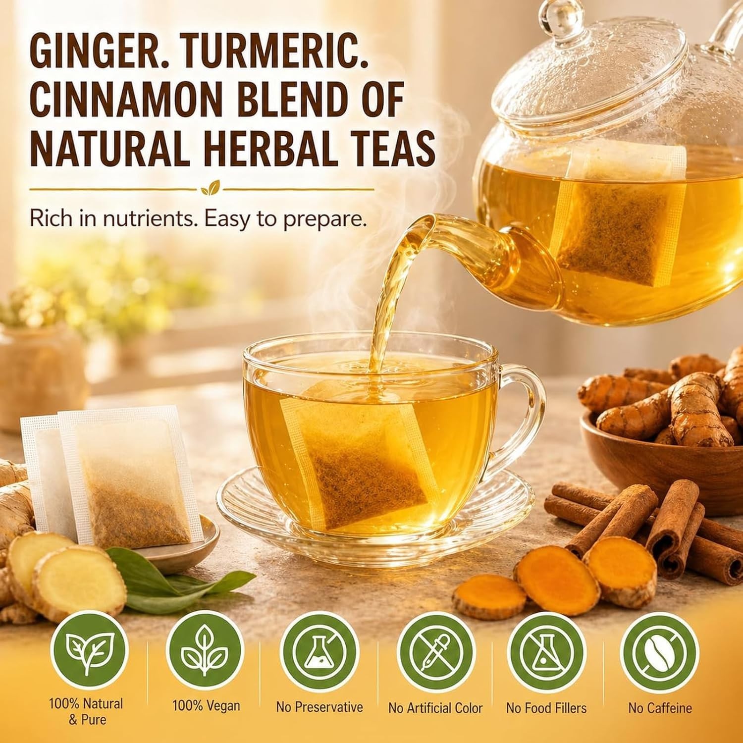 30 Premium Turmeric Ginger Cinnamon Tea Bags, 100% Natural Ingredients Herbal Te