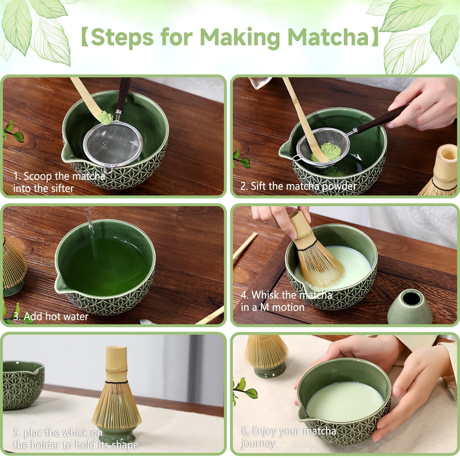 7 Pcs Matcha Whisk Set, Ceremony Matcha Kit with Matcha Bowl, Bamboo Whisk an…