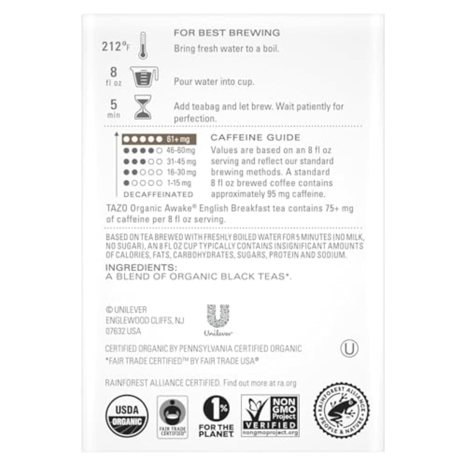 TAZO Organic Awake English Breakfast Black Tea, Black Tea with Caffeine,36 Total