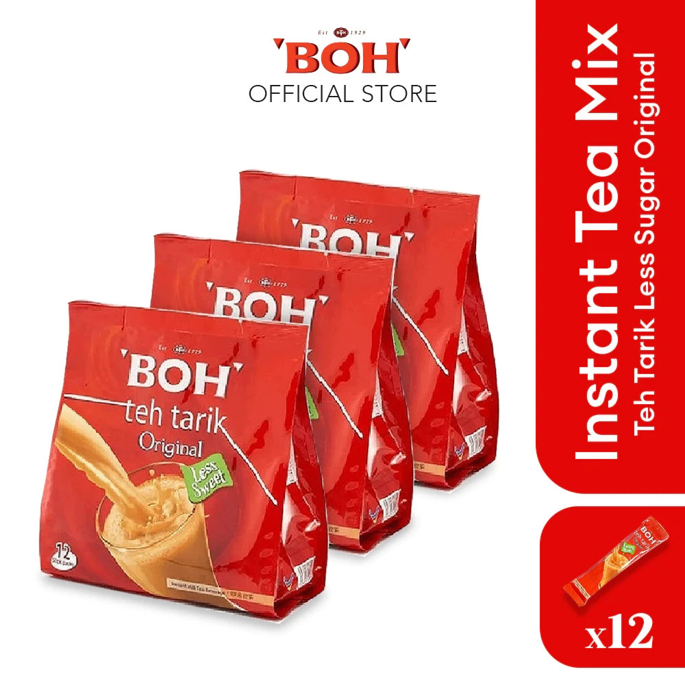 3x BOH Teh Tarik 3 in 1 Instant Milk Tea Malaysia Less Sugar 12 Sachet 27g each
