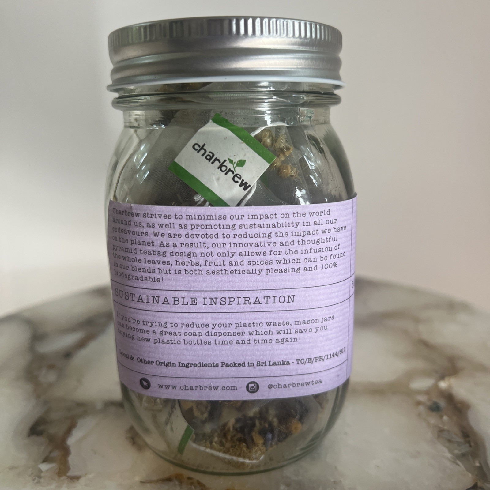Charbrew Chamomile Lavender Herbal Tea 20 Bio Pyramids Glass Mason Jar 30g 10/27