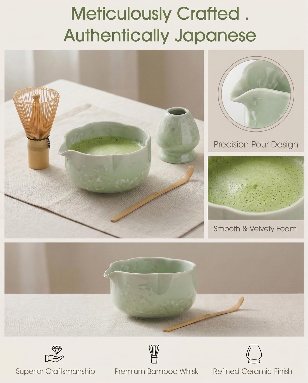 Matcha Whisk Set, 4-Piece Kit with 100-Prong Bamboo Whisk & Ceramic Bowl