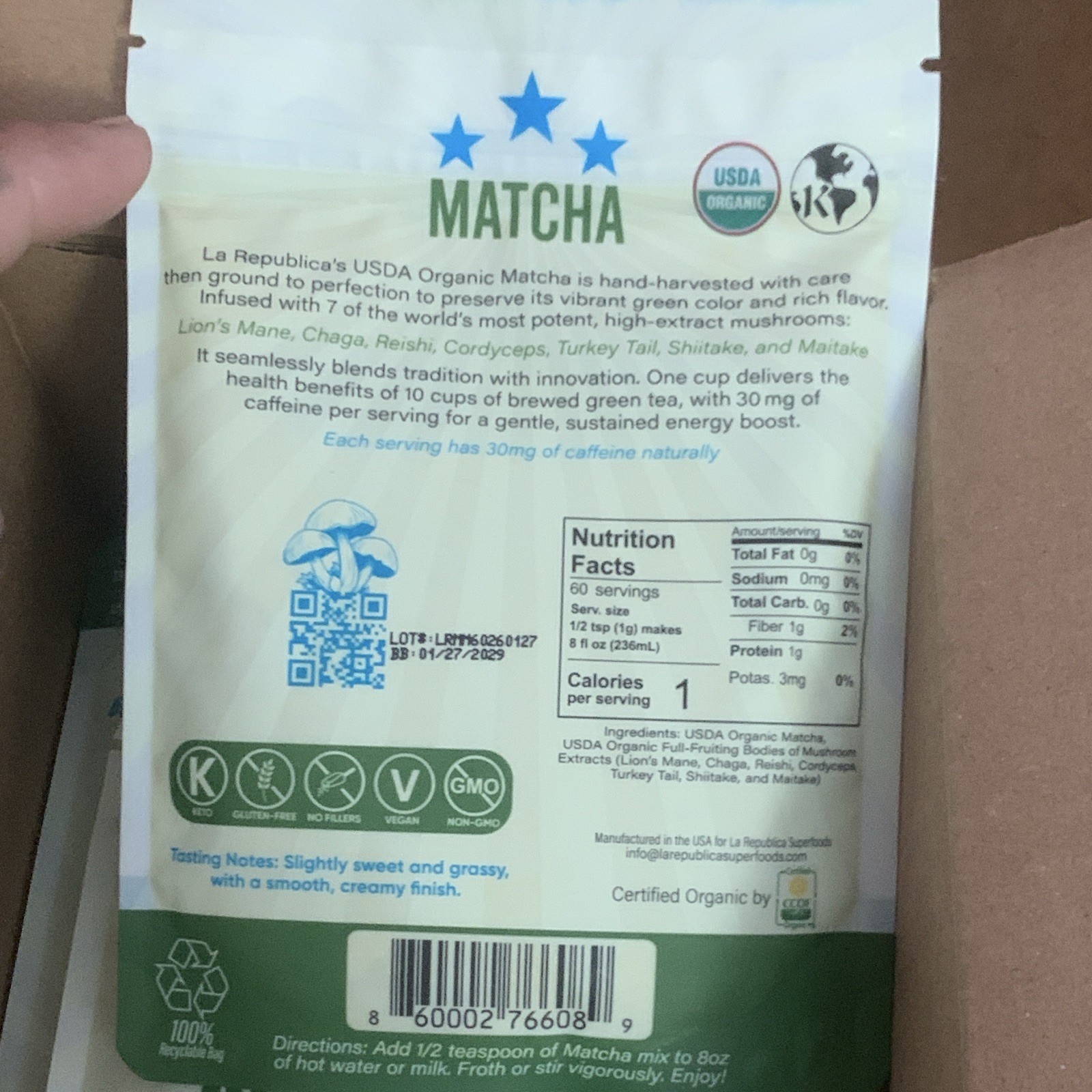La Republica Superfoods Organic Mushroom Matcha Powder 60g 60ct USDA