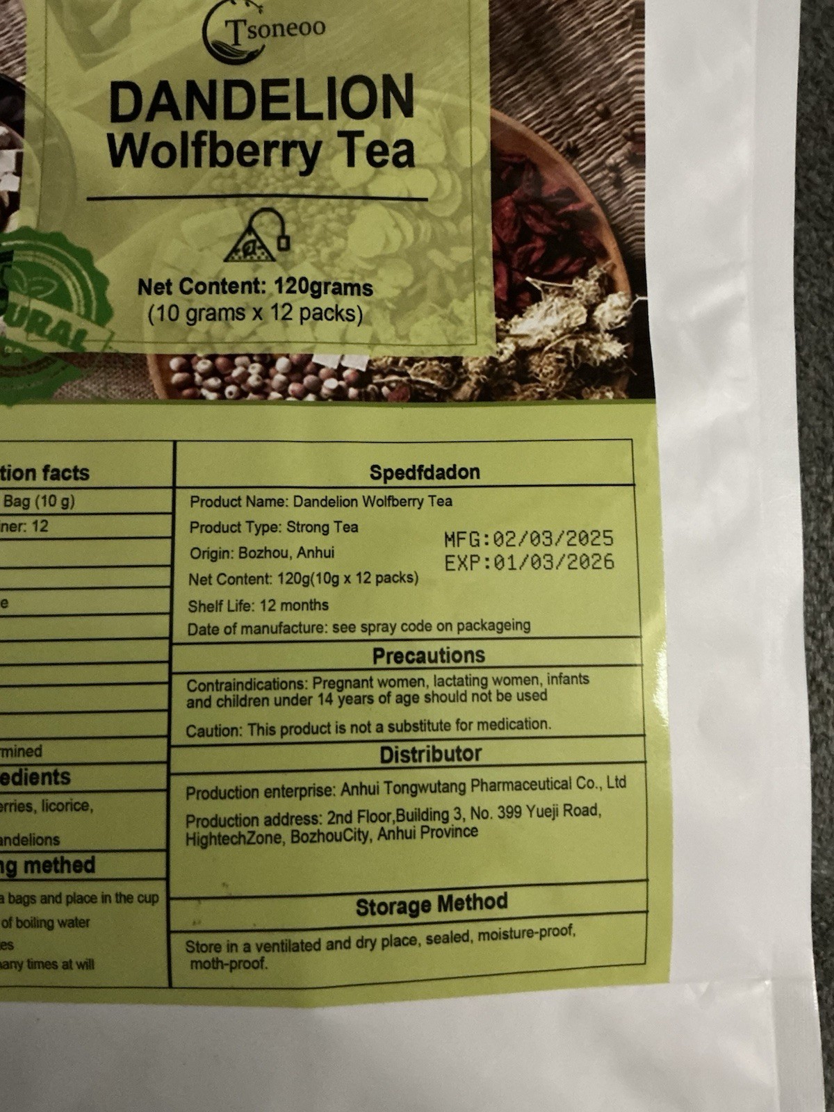 New Dandelion Wolfberry Tea, Natural, Strong, 120 Grams, 12 Packs X 10 Grams Per