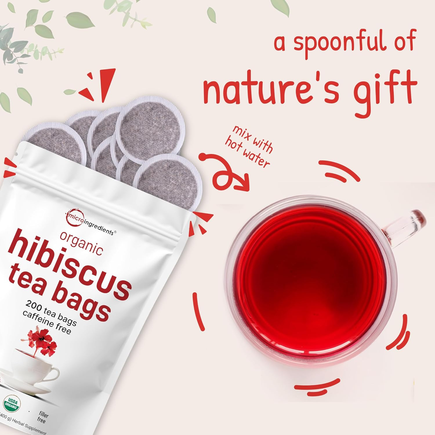 Organic Hibiscus Tea Bags, 200 Count | Premium Source from Hibiscus Flowers | Ca