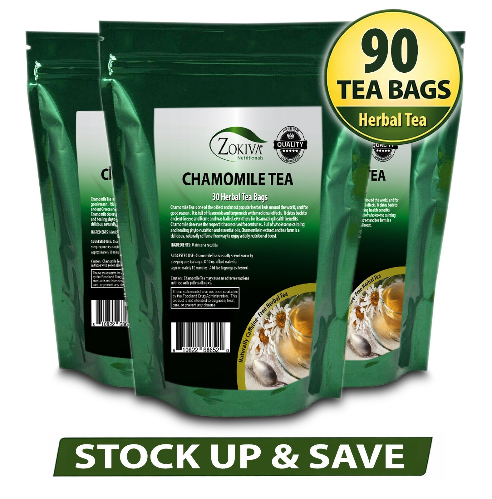 Chamomile Tea Bags 90 Count 3 Pack Herbal Tea Naturally Caffeine Free Zokiva