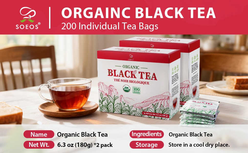 Organic Black Tea Bags, 6.3oz (180g) Pack of 2, Bold Aroma & Smooth Flavor,