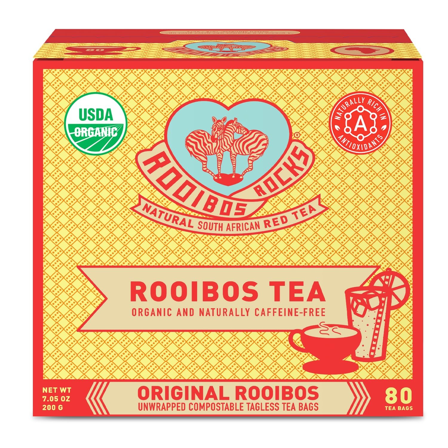 Caffeine Free Organic Rooibos Tea Bags 80 Naturally Sweet Herbal Low Tannin