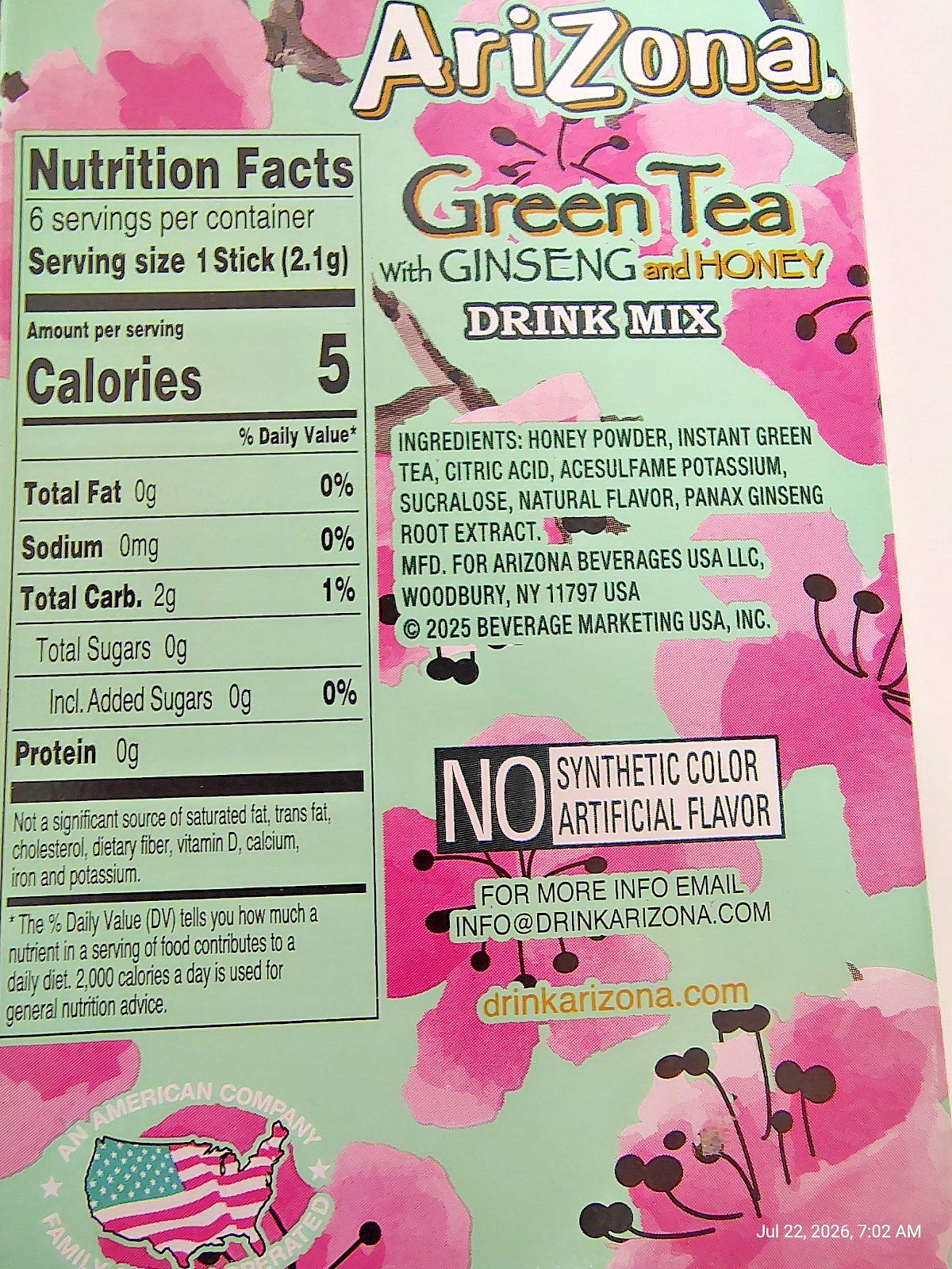 AriZona Green Tea with Ginseng/Honey Mix Packets, BB 11/27, Lot of 3 Boxes