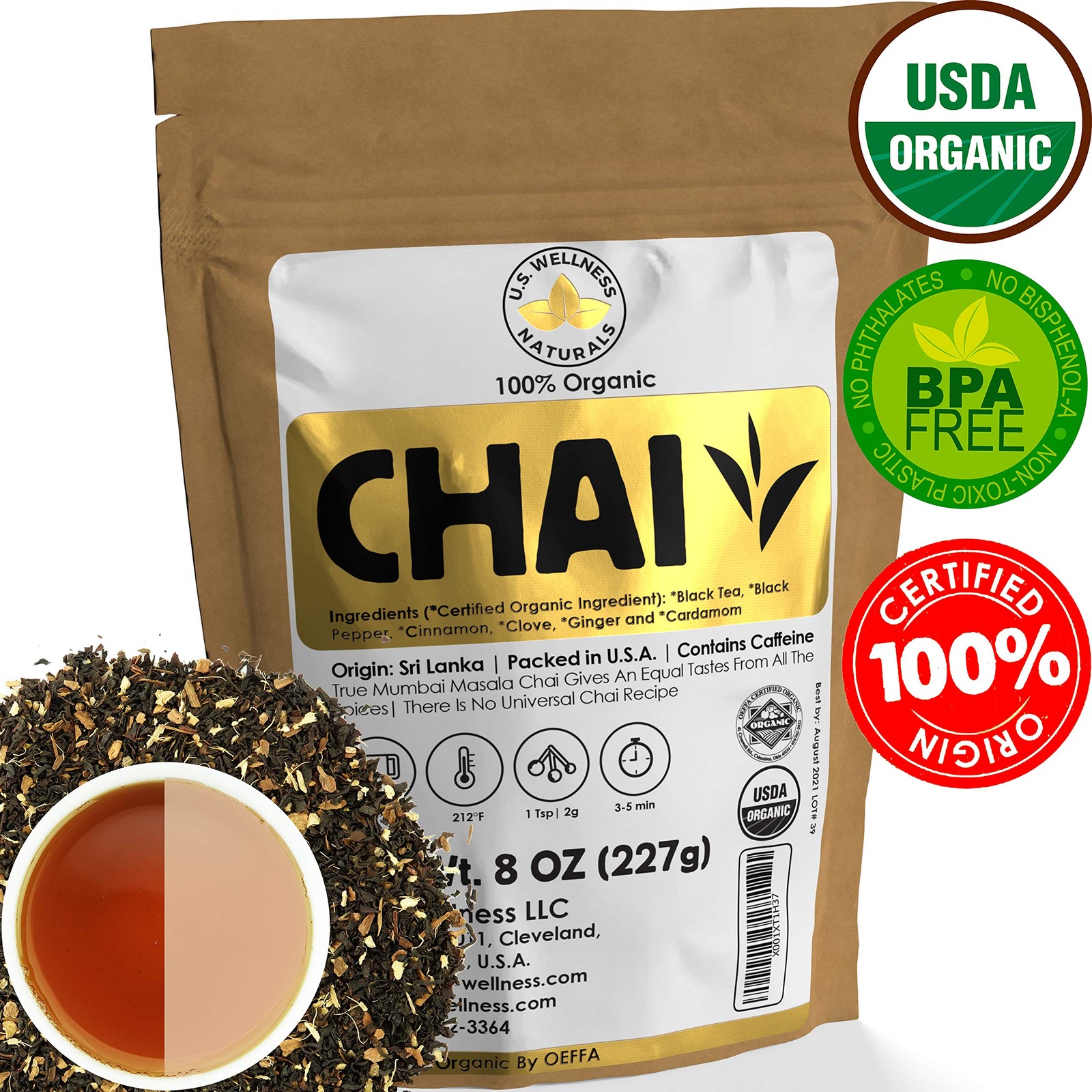 Organic Chai Tea Loose Leaf | 110+ Cups | Black Tea, Cinnamon, Cardamom, Cloves