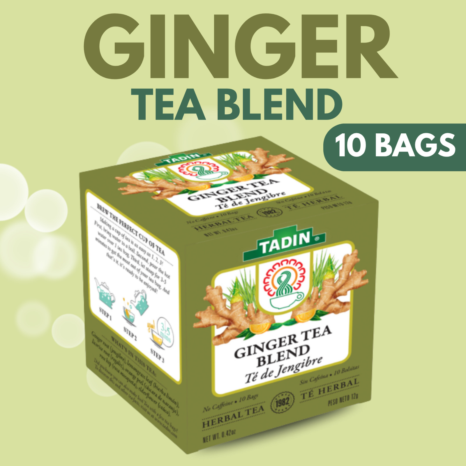 Tadin Ginger Herbal Tea, 10 Bags 0.42 oz – Spicy & Comforting Flavor