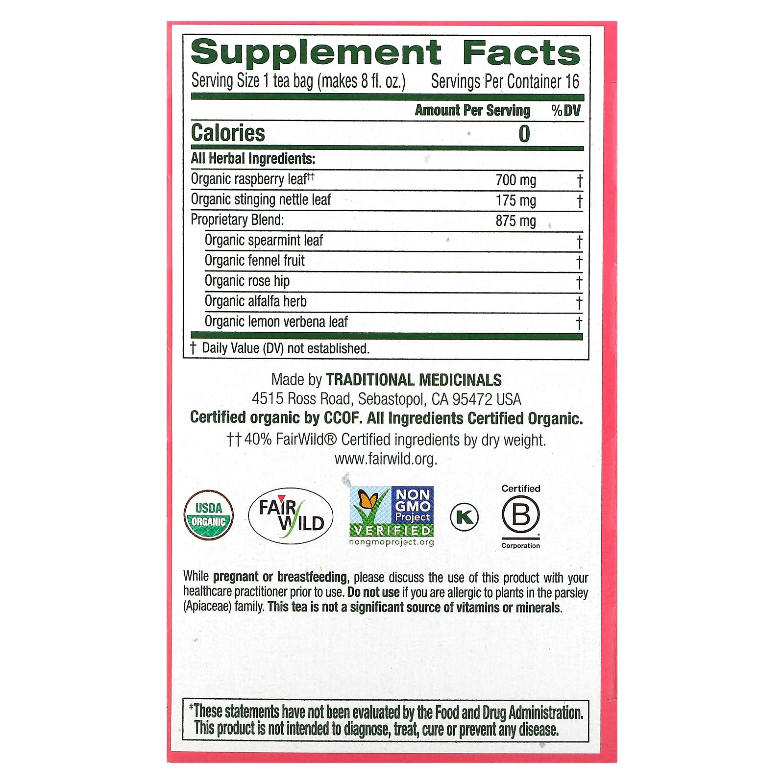 Organic Pregnancy Tea, Raspberry Leaf, Caffeine Free, 16 Wrapped Tea Bags, 0.99