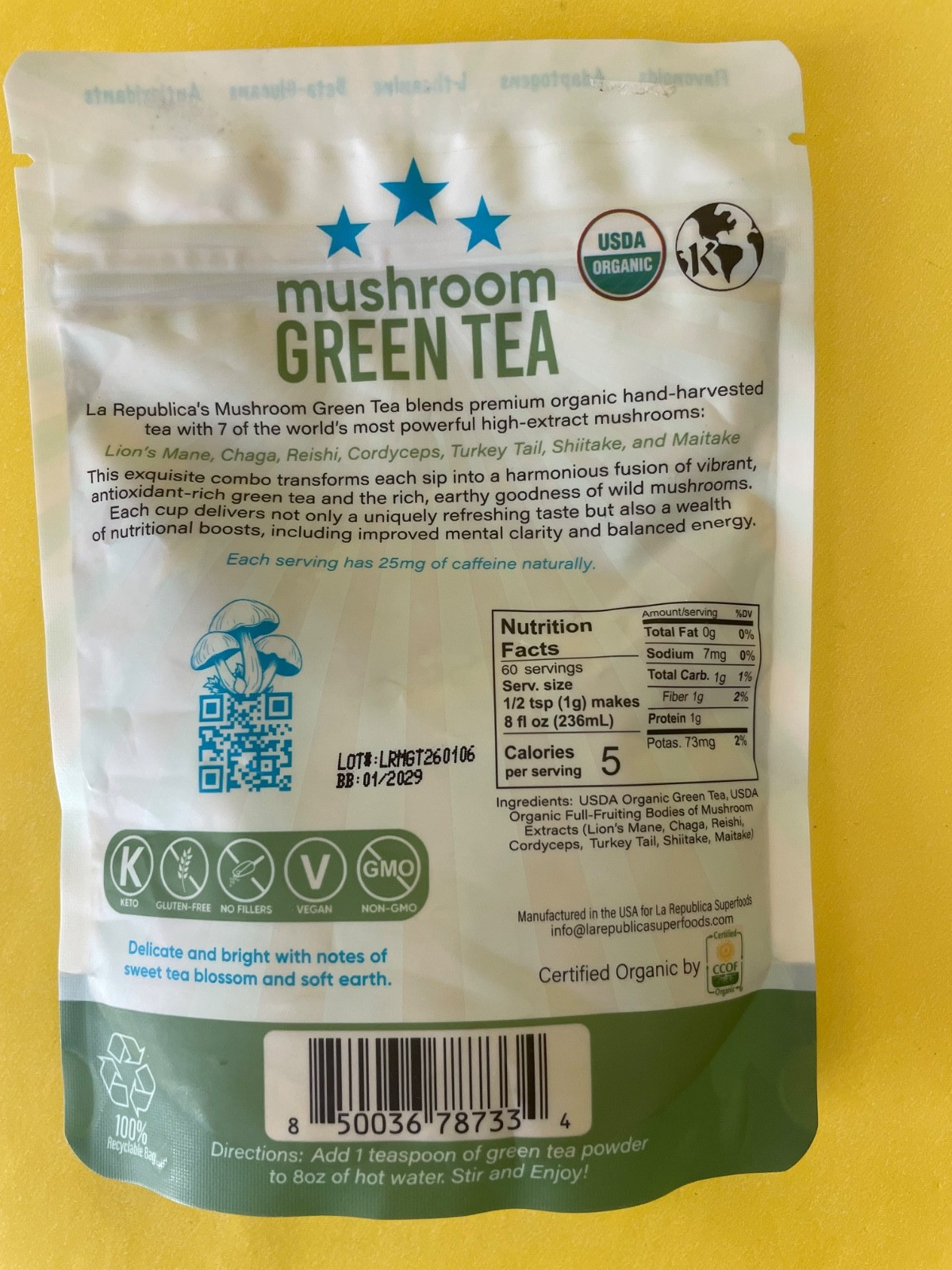 X3) LA REPUBLICA SUPERFOODS Organic Mushroom Green Tea 60 SERVINGS (2.12 OZ)