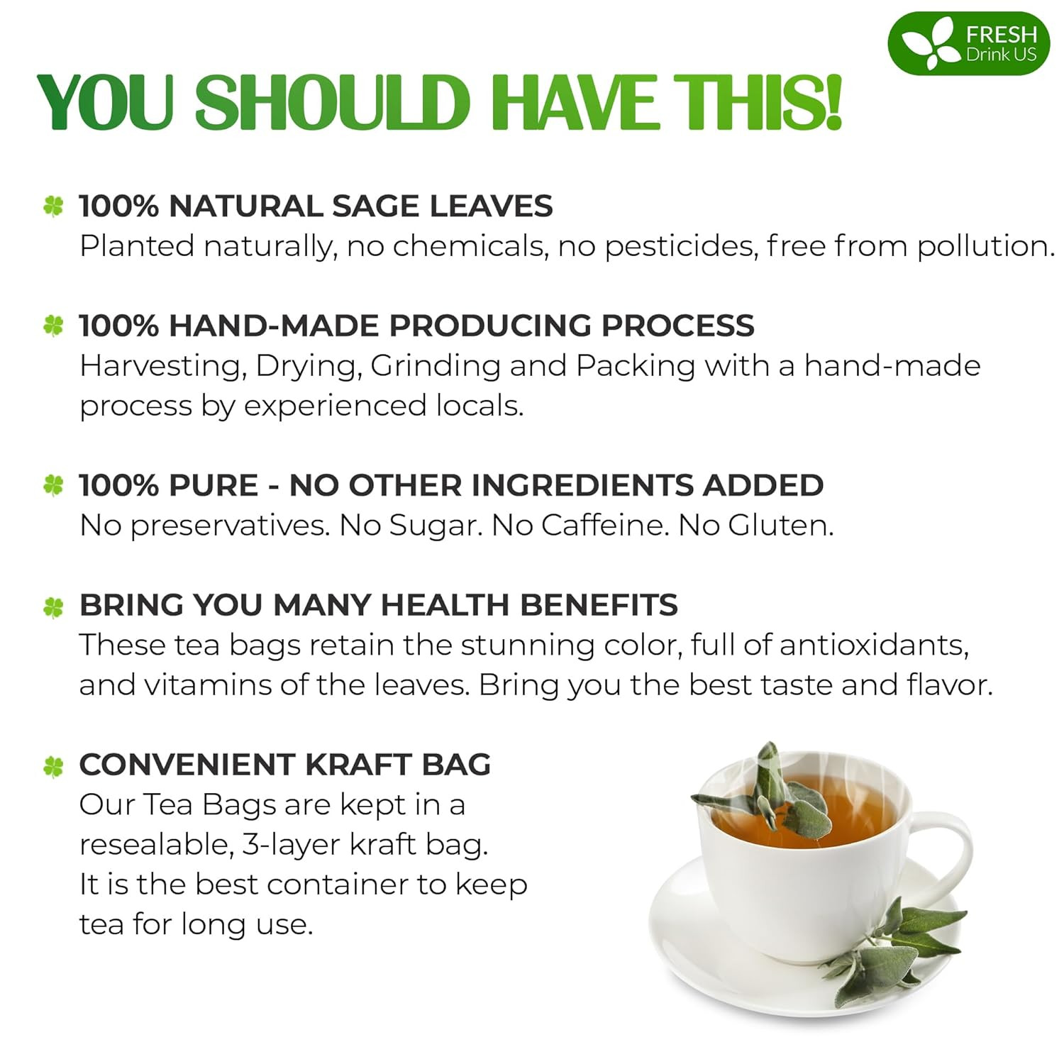 , Premium 75 Sage Leaf Tea Bags, 100% Natural & Pure from Sage Leaves. Loose Lea