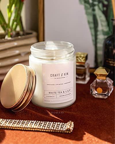 White Tea & Lily Scented Candle, 8oz 45 Hour Burn Craft and Kin Candle, All