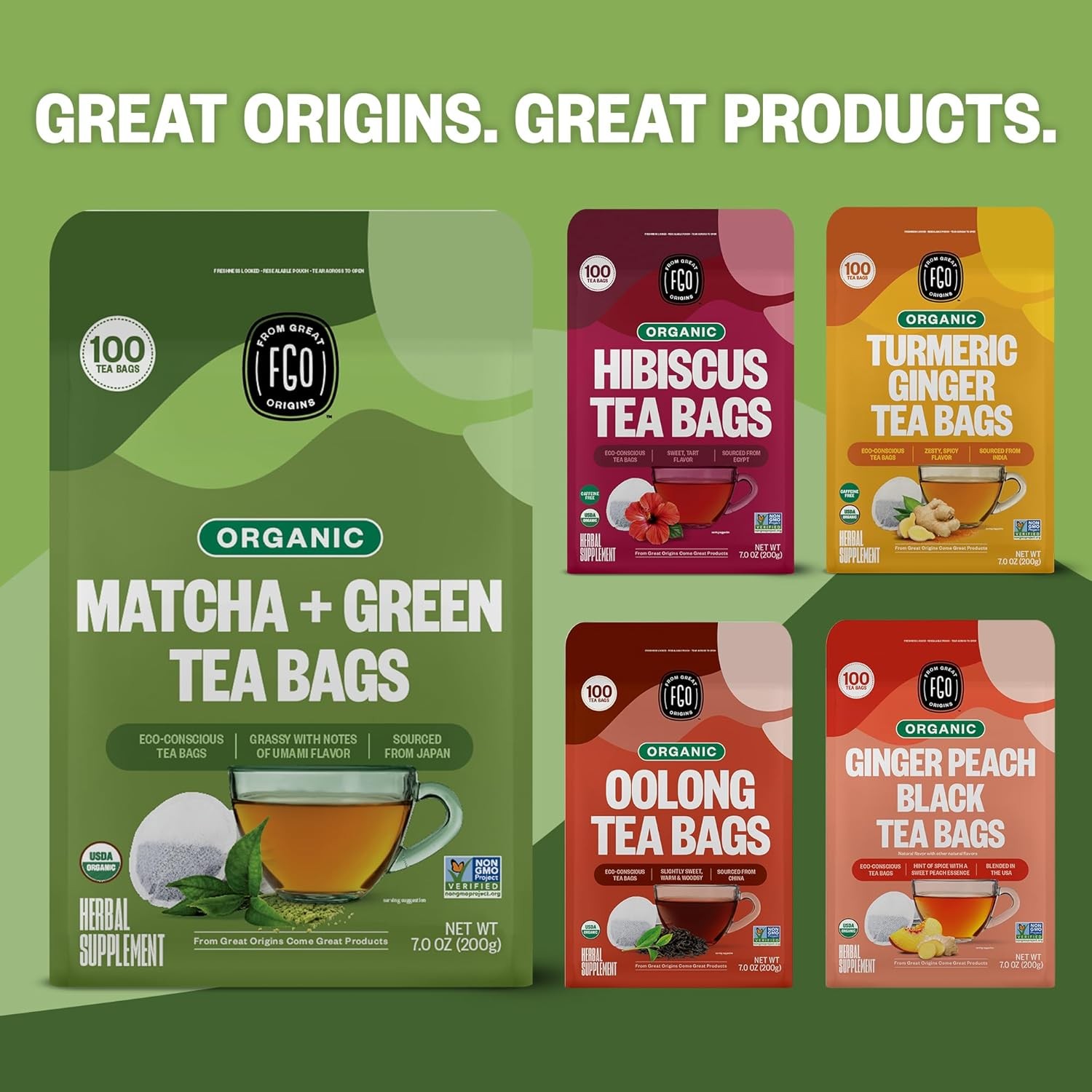 FGO Organic Japanese Matcha + Green Tea, 100 Count, Eco-Conscious Tea Bags, Rese