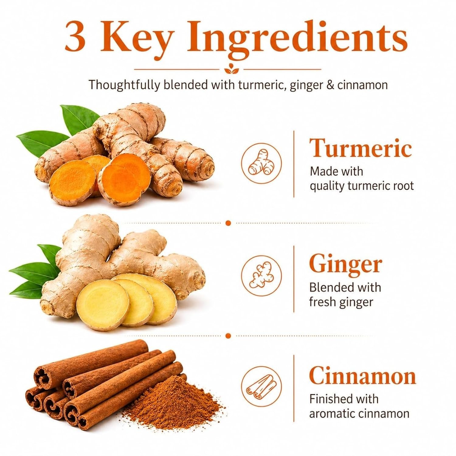 30 Premium Turmeric Ginger Cinnamon Tea Bags, 100% Natural Ingredients Herbal Te