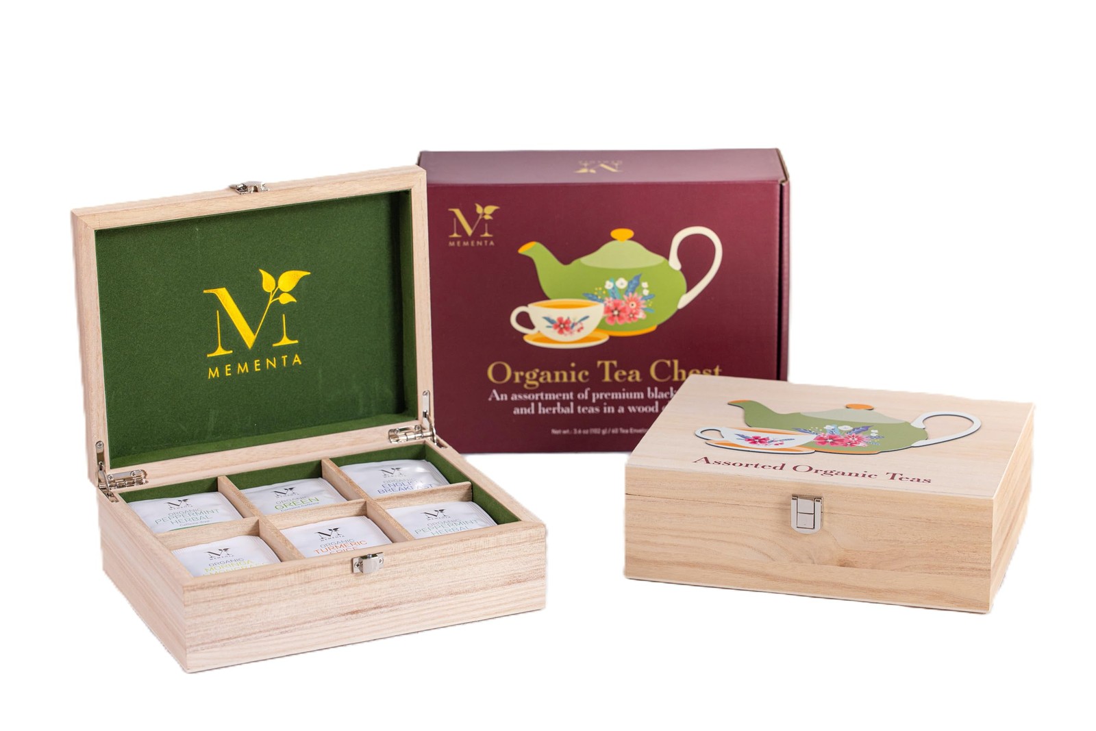 Mementa Inc Organic Wooden Tea Chest 60 Tea Bags Individually Wrapped Assor…