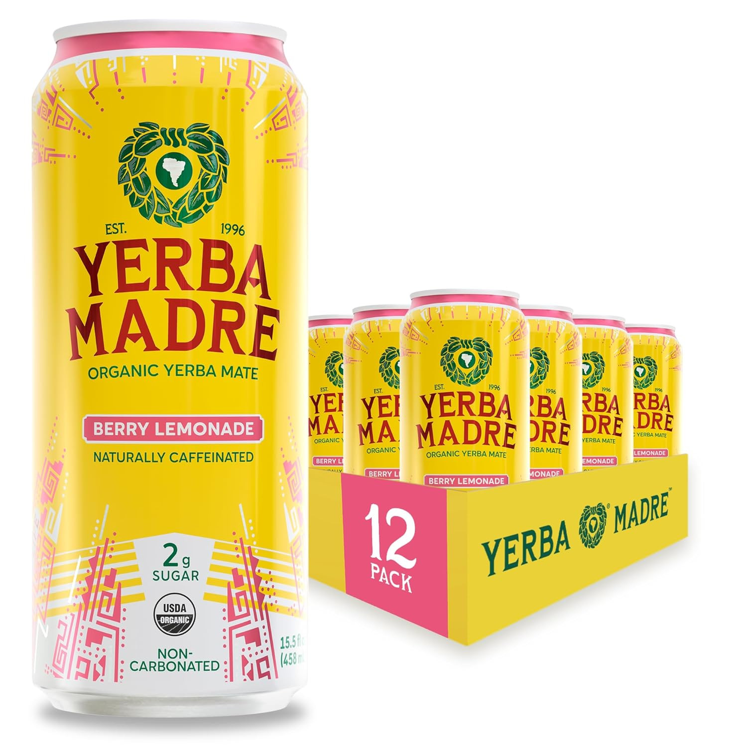 Yerba Madre Organic Yerba Mate, Low Sugar Berry Lemonade, 150Mg Natural Caffeine