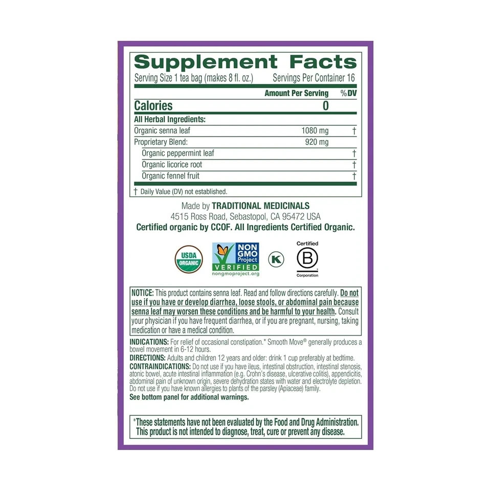 Traditional Medicinals Smooth Move Peppermint Tea, 16 Bags, Senna Free Shipping