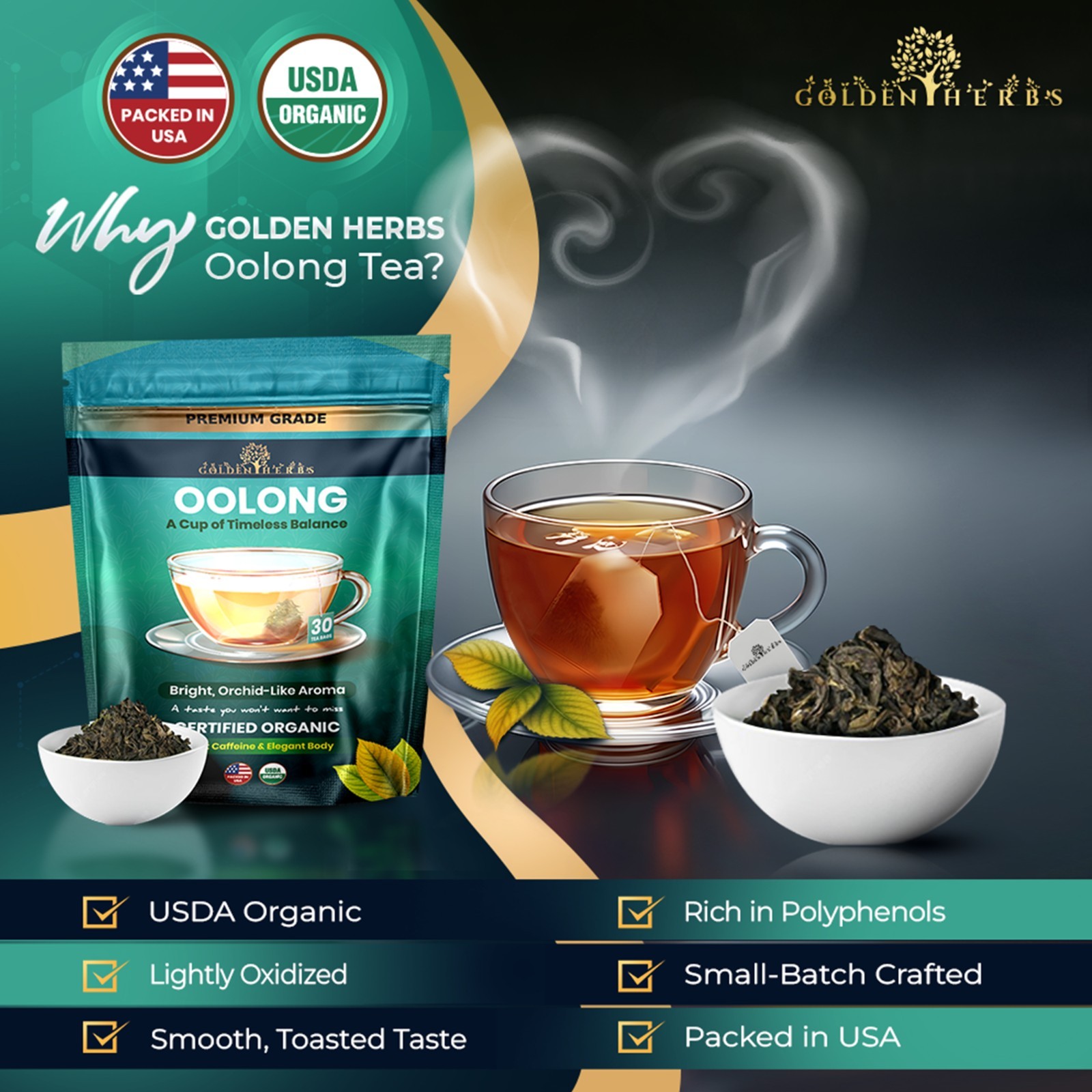 Golden Herbs Japanese Oolong Tea Lightly Oxidized for Smooth Flavor & Aromatic