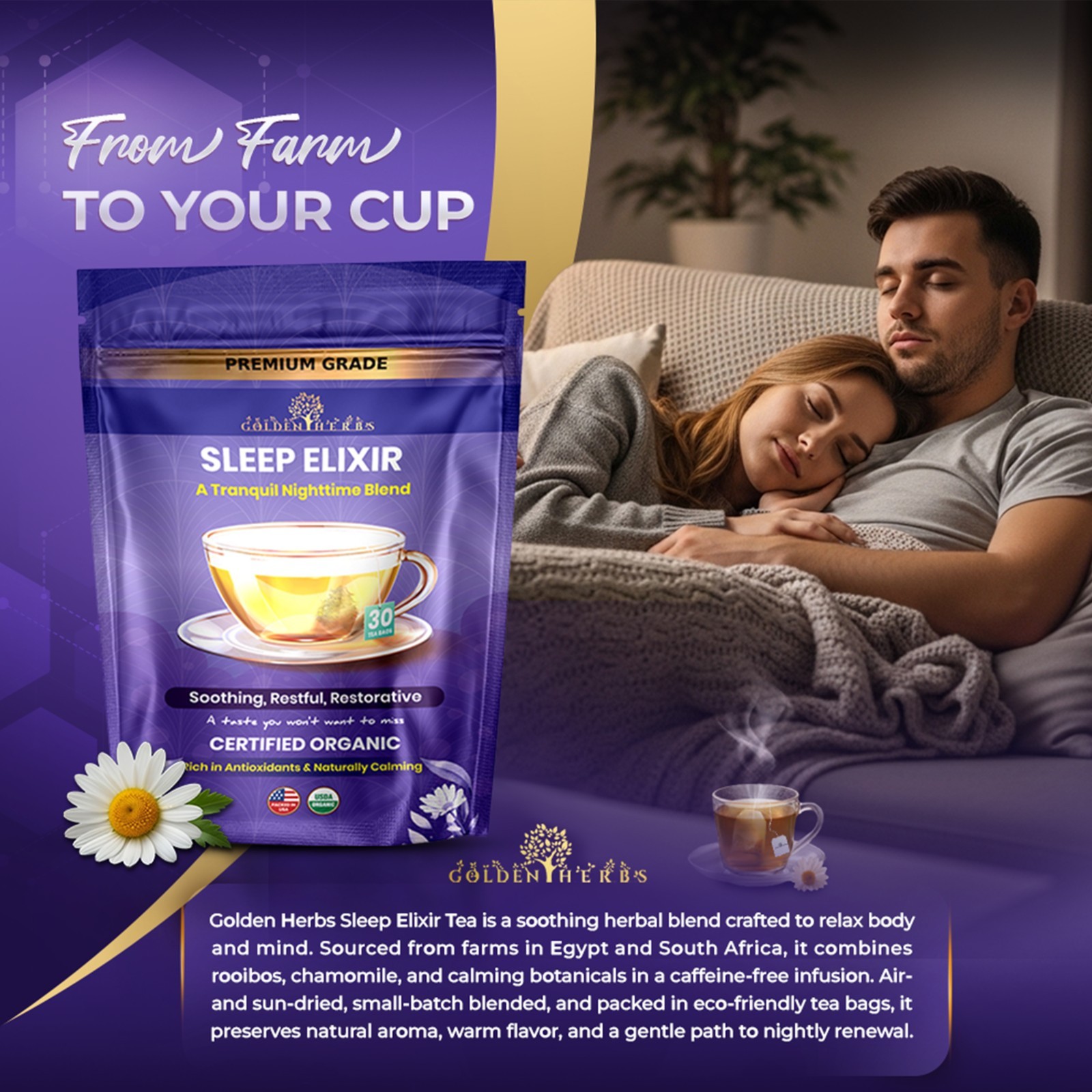 Golden Herbs Sleep Elixir Herbal Tea Relaxing Bedtime Blend with Chamomile