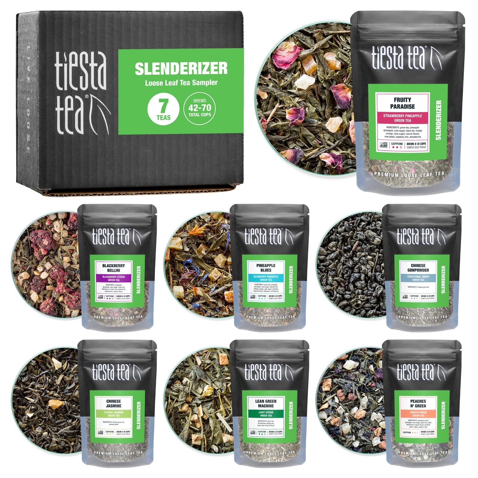 Green Tea Sampler 7 Pack Loose Leaf Gift Set 10 Cups Fruity Variety Flavors
