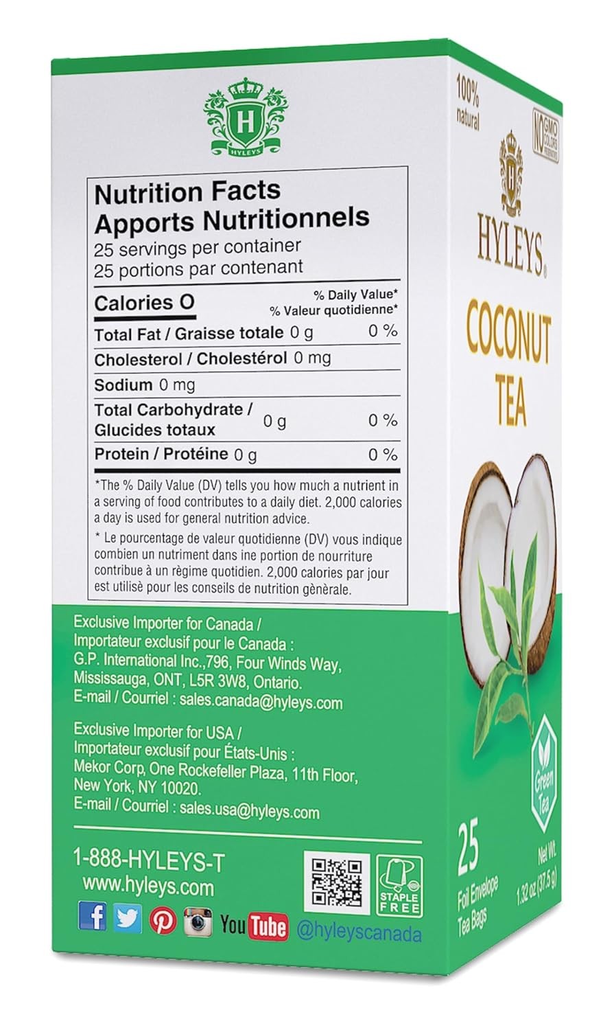 Hyleys Wellness Natural Coconut With Green Tea – 25 Tea Bags (Gmo Free, Gluten