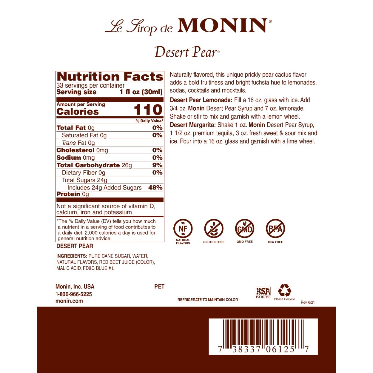 Monin Desert Pear Syrup – Bottle (1 Liter), h-pear, desert, 1.0L